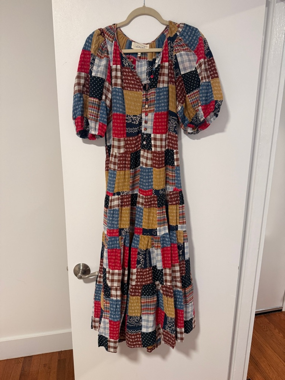 THE GREAT. Patchwork Midi Dress - Red, Blue, Mustard, Brown